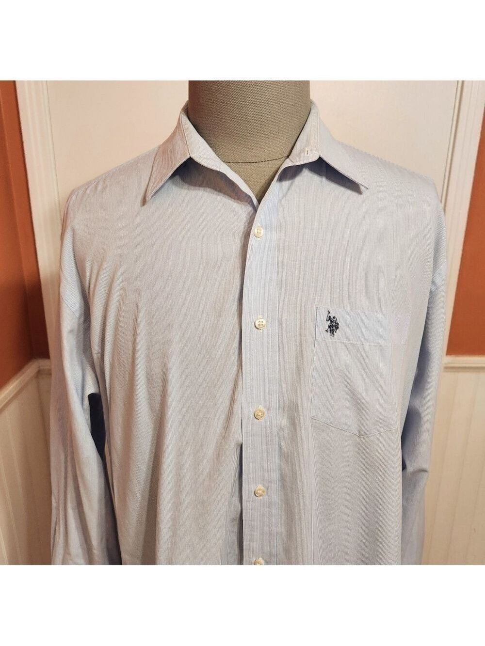 US Polo Assn Blue White Pin Stripe Dress Shirt Large - Picture 2 of 11
